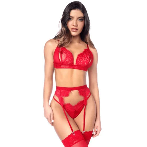 Ensemble trois pièces sexy coquine sensuelle provocante dentelle résille transparent string assorti portejarretelles élégant raffiné glamour colombien Mapalé
