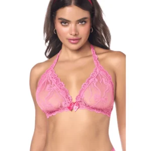 Haut de lingerie rose en dentelle fine, vue de face, décolleté en V, nœud satiné central, bretelles halter.