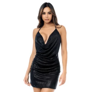 Mini-robe sexy noire scintillante dos nu décolleté bénitier
