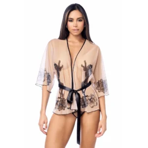 Peignoir sexy en résille imprimée transparente avec string