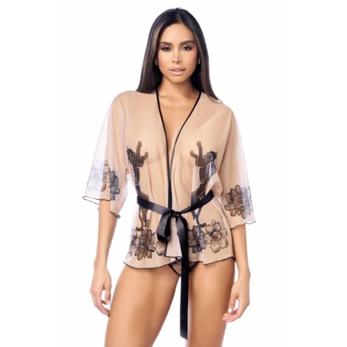 Peignoir résille imprimée transparente sensuelle romantique audacieuse coupe ajustée lien taille réglable string assorti Mapalé polyester élasthanne satin polyuréthane