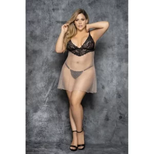 Plus Taille Chic Transparent Babydoll avec Dentelle Fleurie Élégante