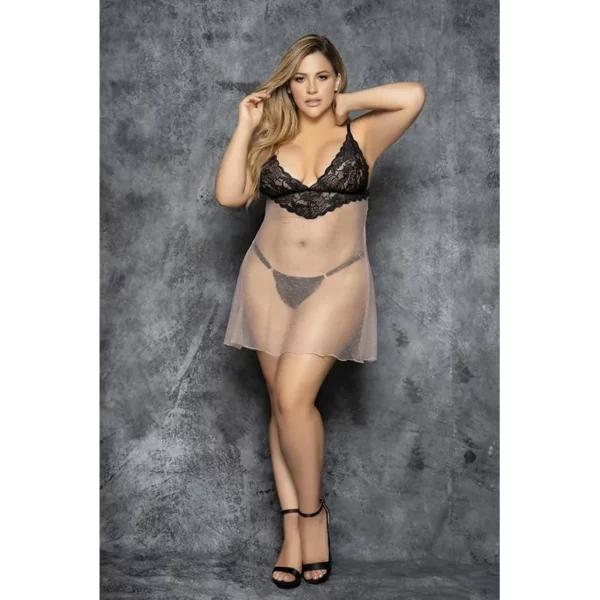 Plus Taille Chic Transparent Babydoll avec Dentelle Fleurie Élégante
