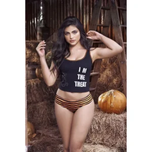 Pyjama Douillet Halloween Haut Imprimé et Bas Rayé Coquin Ajustable