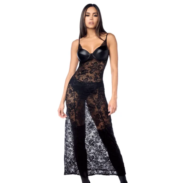 Robe longue sexy en dentelle & cuir avec string et porte-jarretelles