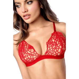Soutien-gorge rouge en crochet vue de face, fines bretelles réglables, base élastique douce, motifs floraux ajourés.