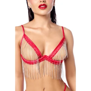 Soutien-gorge rouge satiné vue de face, franges strass scintillants, bretelles fines, décolleté plongeant.