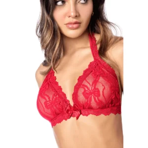 Soutien-gorge triangle rouge en dentelle florale, vue de face, nœud satiné central, bretelles fines dentelées.