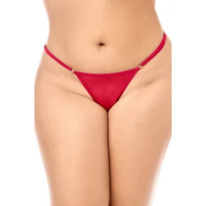 String rouge satin, vue de face, fines lanières avec anneaux dorés, taille grande, coupe minimaliste.