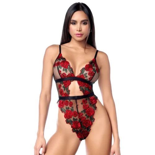 Teddy taille haute en résille noire brodée de roses avec ceinture