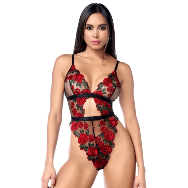 Teddy taille haute en résille noire brodée de roses avec ceinture