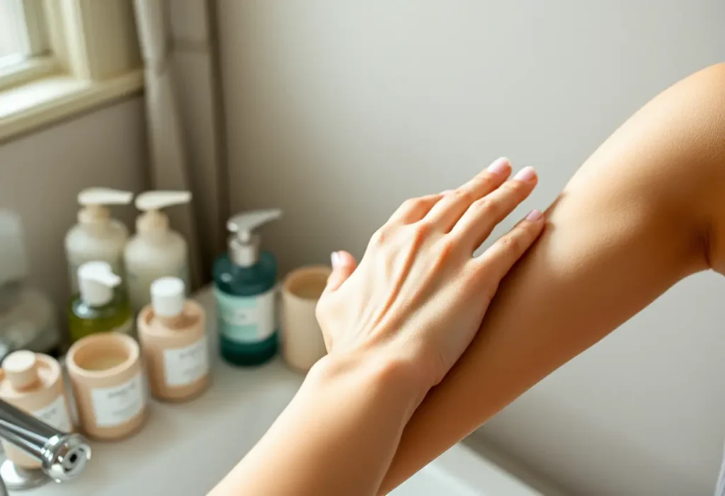 Une main applique délicatement une lotion sur le bras, dans une salle de bain éclairée naturellement.