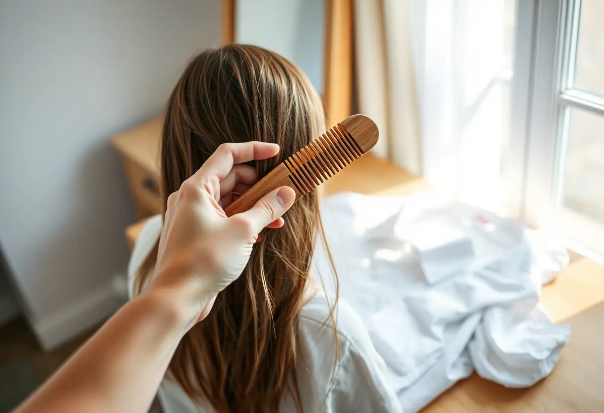 Une main tient un peigne en bois tandis que des cheveux sont brossés près d'une commode