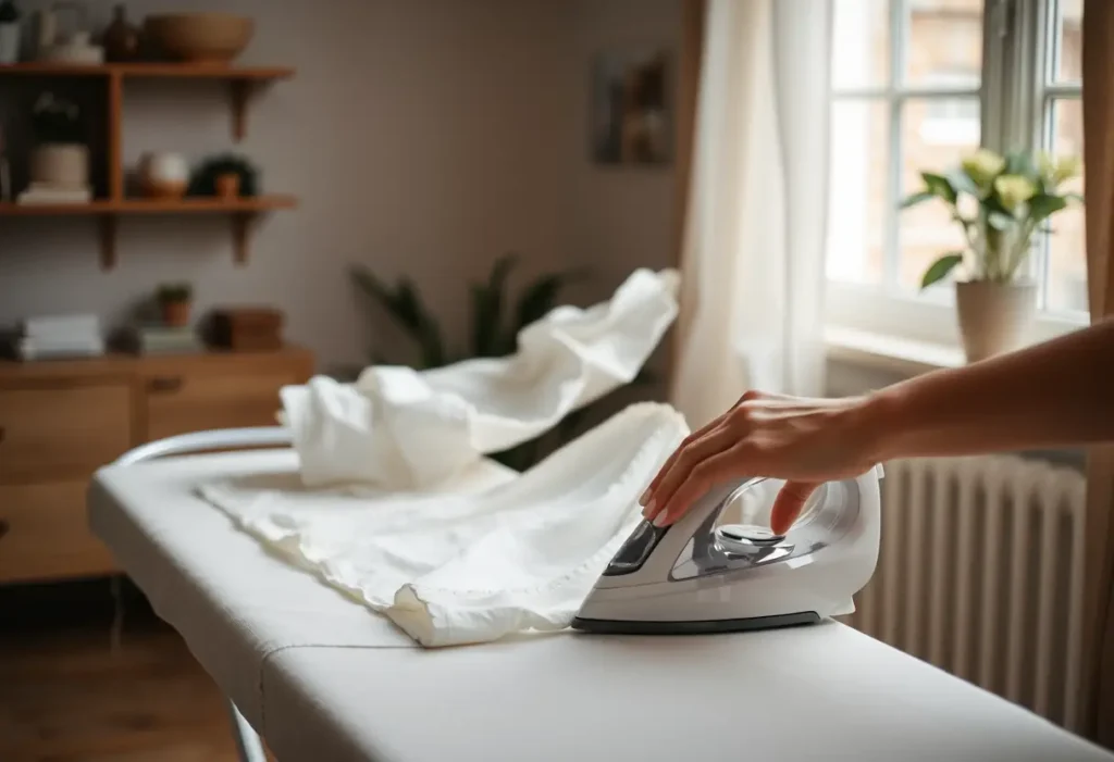 Une main féminine repasse délicatement une chemise en coton chez elle, symbolisant le confort et la liberté