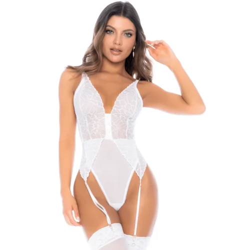 body blanc dentelle résille jarretelles ajustables bretelles laçage dos boutons décoratifs matières extensibles maintien sculptant sensuel élégant raffiné