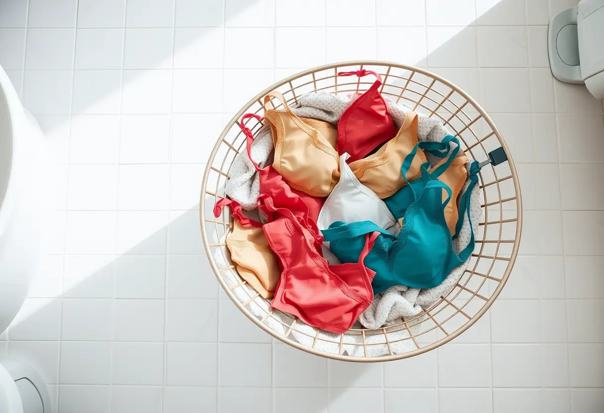 Un panier à linge rempli de soutiens-gorges de différentes couleurs sur un carrelage blanc dans une salle de bains moderne