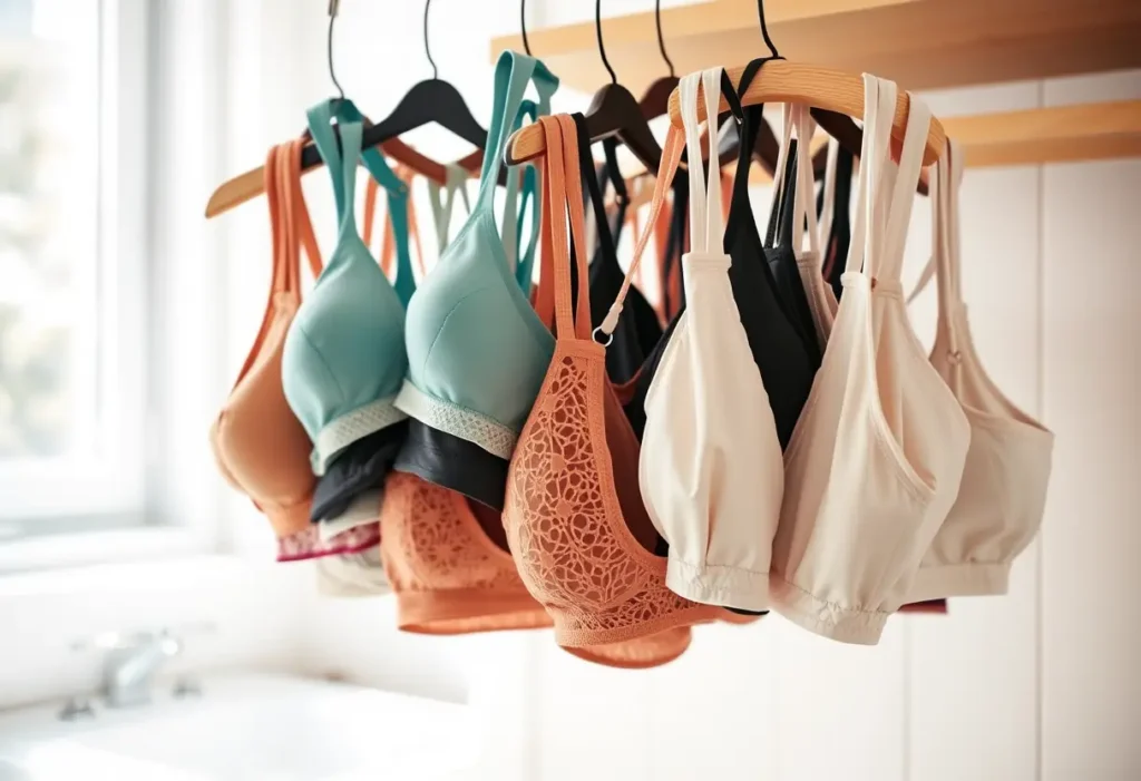 Un porte-manteau en bois dans une pièce de lavage, accrochant divers soutiens-gorge aux stades variés d'usure, éclairés par une lumière vive
