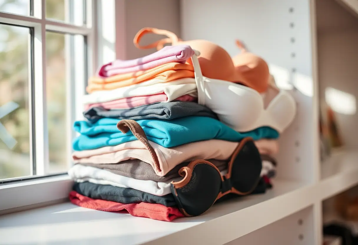 Main: pile de soutiens-gorge pliés, diversité des tailles et des couleurs