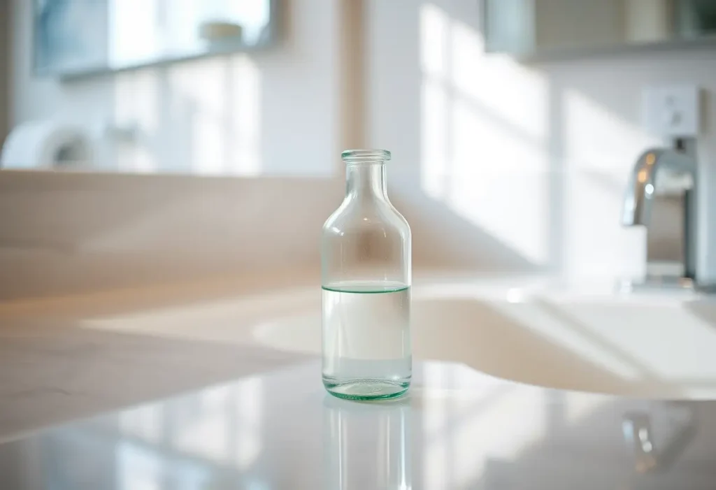 Bouteille en verre sur un comptoir de salle de bains, reflétant la lumière du jour, symbole de soins et de récupération