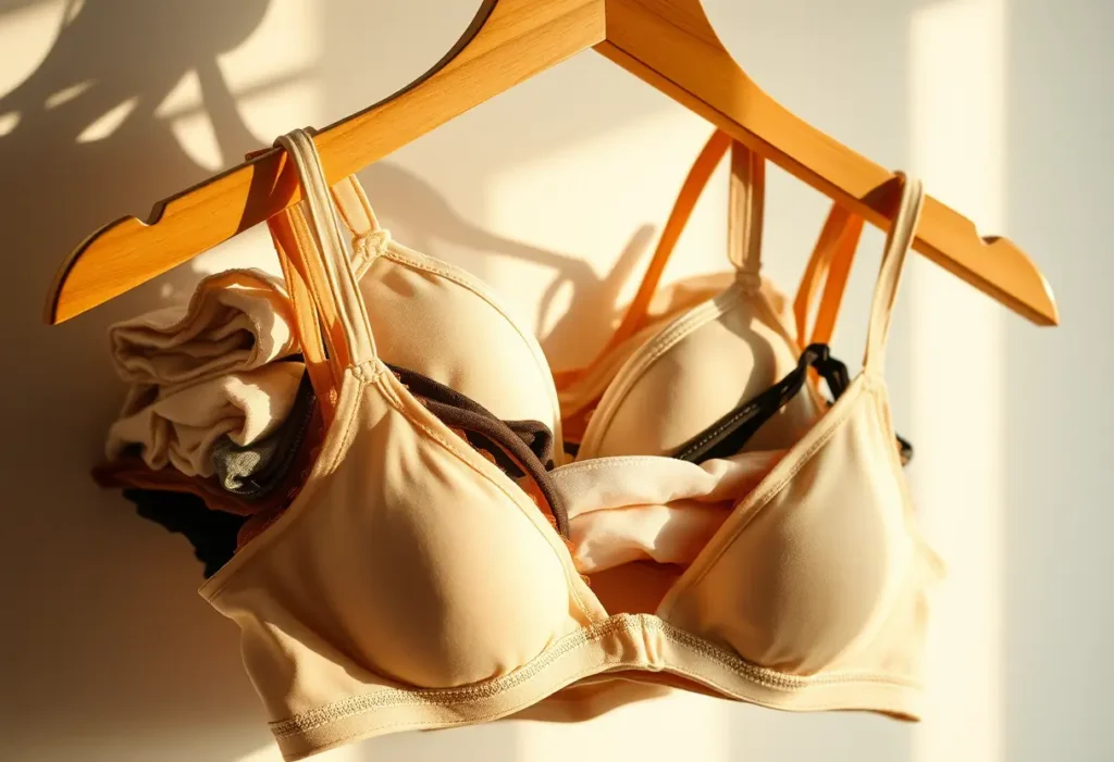 Un porte-vêtements en bois supporte une pile de soutiens-gorge pliés avec soin, mettant en valeur leurs couleurs et textures différentes.