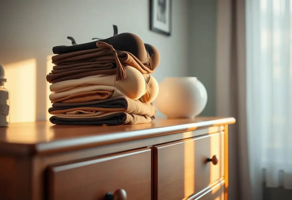 Dressoir en bois dans une maison, éclairé par une lumière douce, avec des soutiens-gorge pliés dessus, rappelant la nécessité du port prolongé.