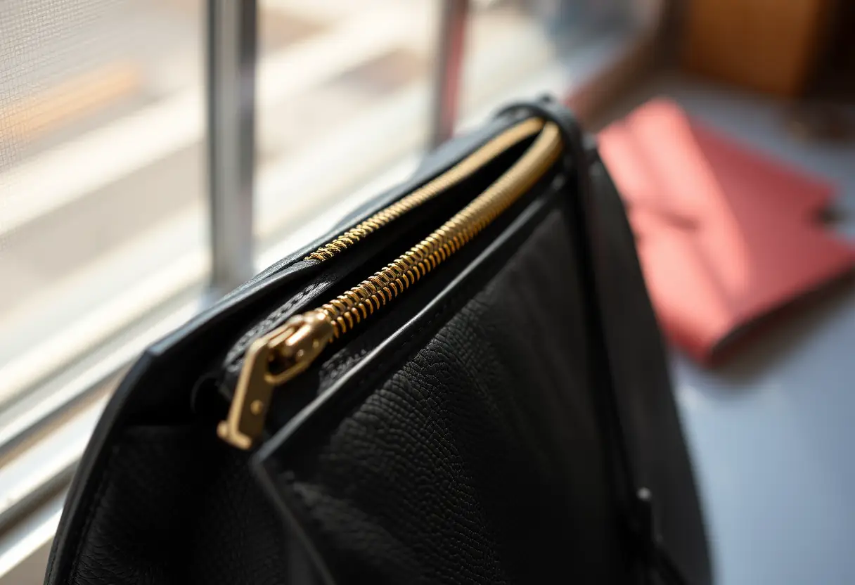 Une fermeture Éclair en métal sur un sac à main, posé sur un rebord de fenêtre. La symbolique de la gestion du quotidien.