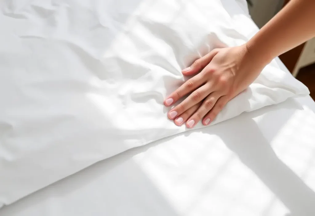 Une main apaisant un coussin en coton sur un lit, soulignant l'attention post-chirurgicale