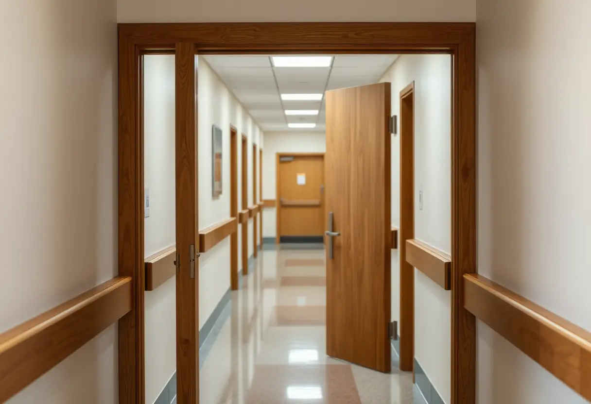 Un chambranle de porte en bois dans un couloir d'hôpital, légèrement ouvert, symbolisant la période de transition post-chirurgicale