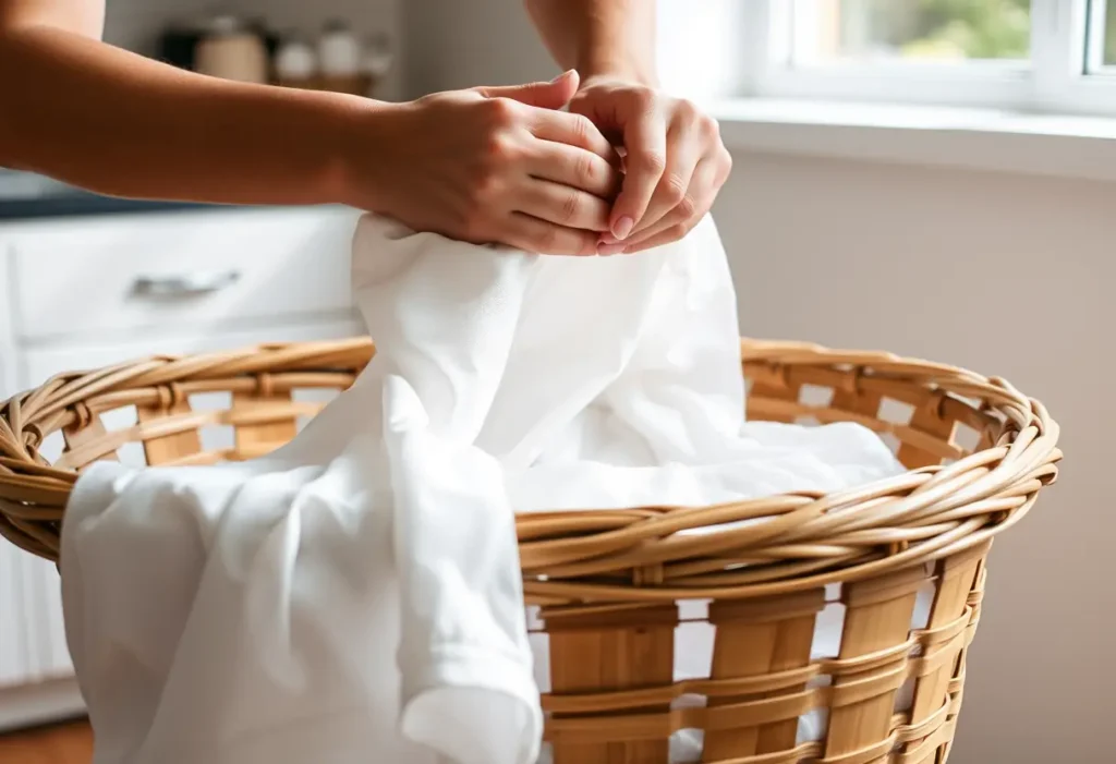 Des mains plient soigneusement un linge blanc dans une cuisine éclairée par la lumière du soleil, illustrant la nécessité de prendre soin de soi lors de la récupération.
