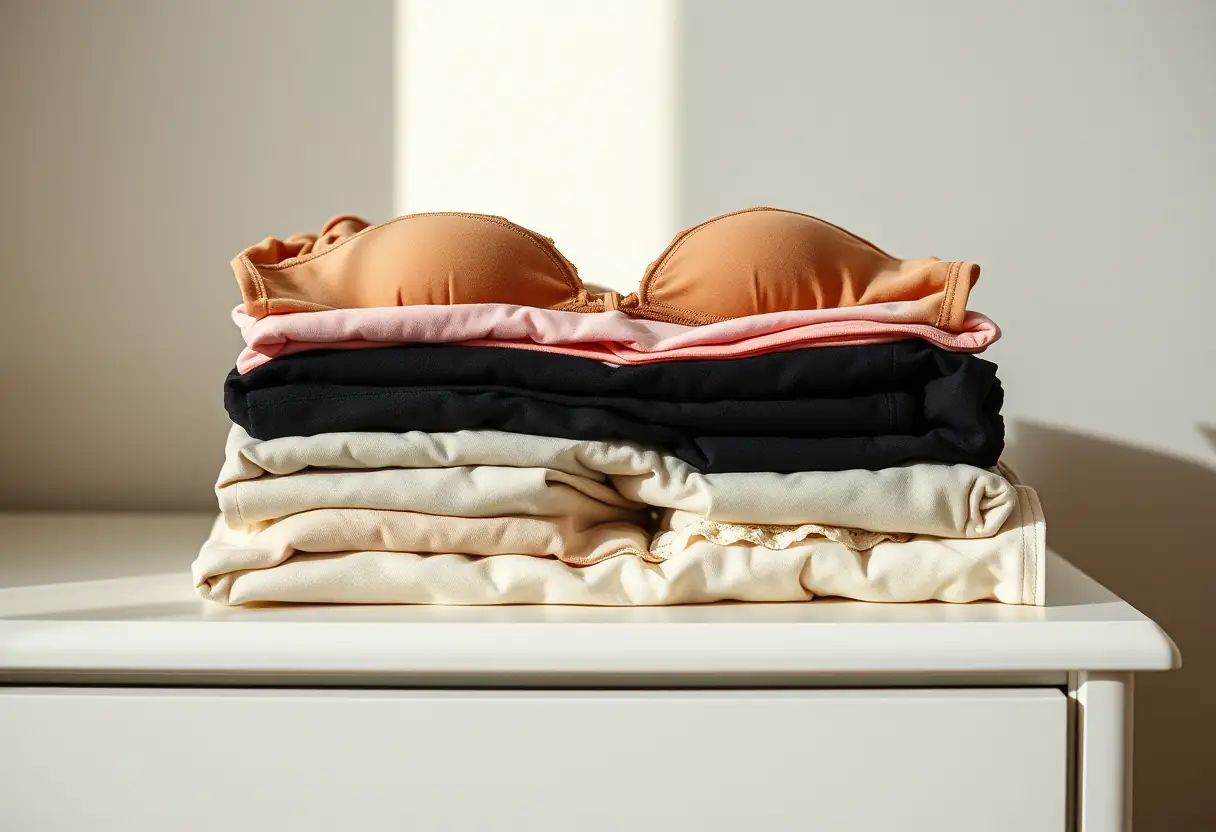 Une pile de soutiens-gorge pliés sur une commode, symbole de récupération