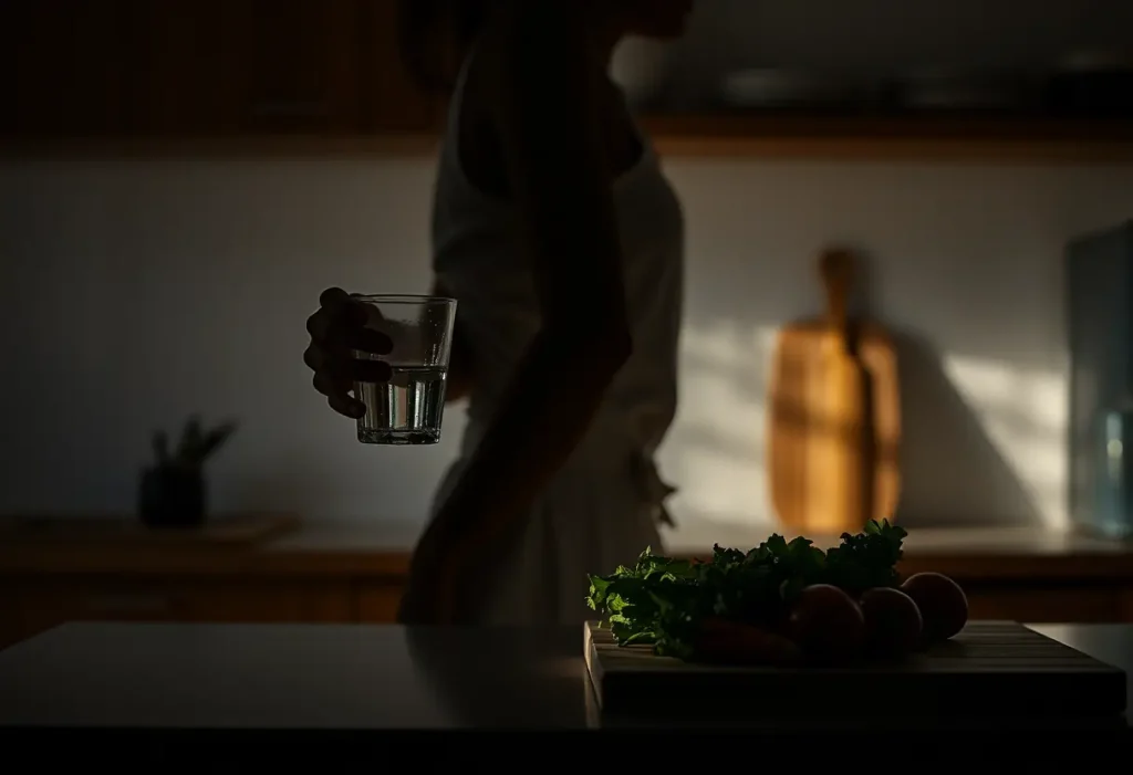 Silhouette de femme tenant un verre d'eau près d'un plan de travail avec des légumes