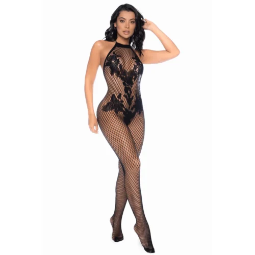 combinaison résille noire motifs floraux dos échancré ouverte entrejambe lingerie sensuelle audacieuse seconde peau extensible confort silhouette féminine séduction romantique