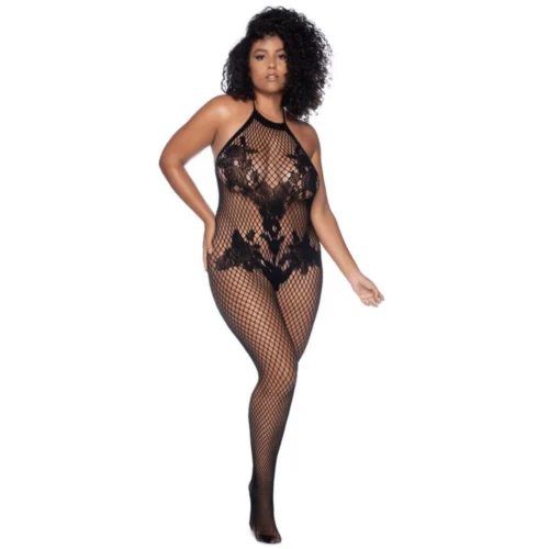 Combinaison grande taille résille noire motifs floraux dos échancré ouverture entrejambe extensible seconde peau sensuelle élégante