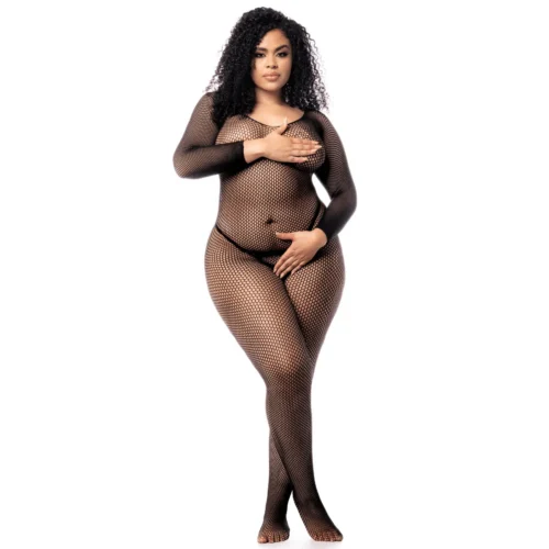 Combinaison grande taille résille noire manches longues sensuelle élégante extensible seconde peau dos échancré coupe ajustée