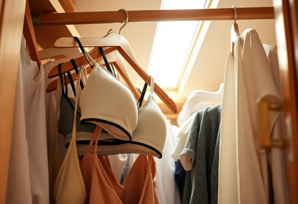 Porte-vêtements en bois dans une penderie organisée
