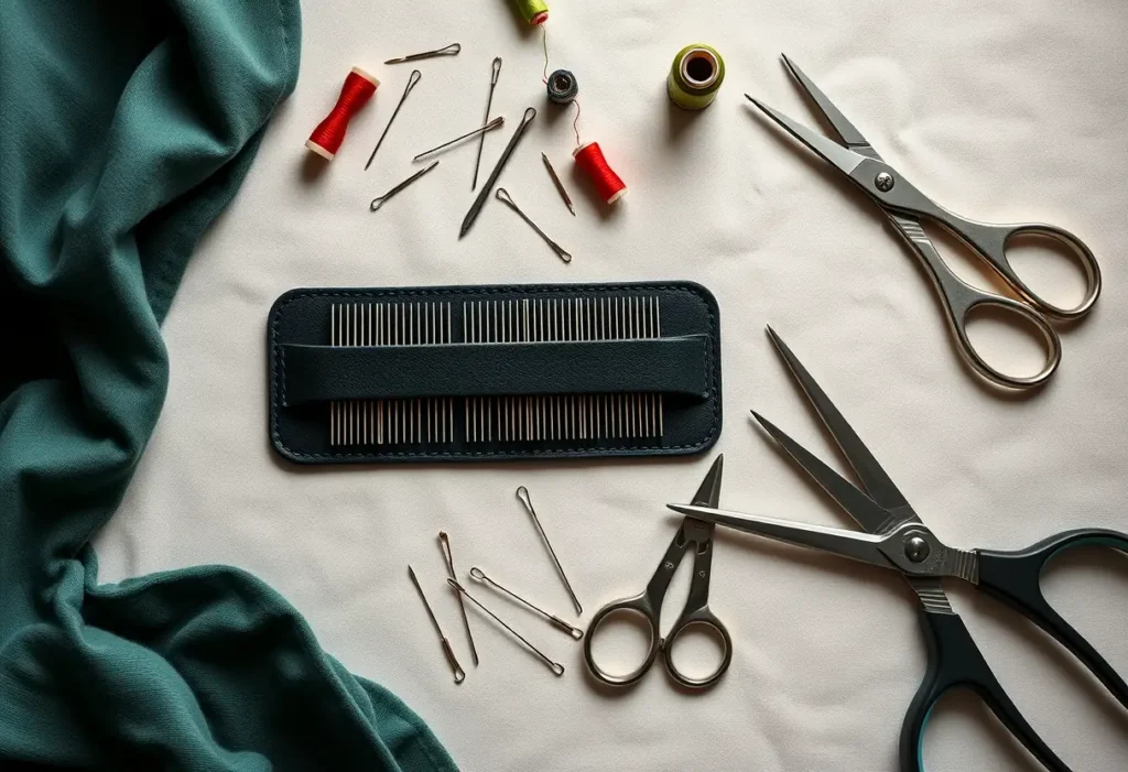 Ensemble de couture posé sur une table, comprenant aiguilles, fil et ciseaux, pour ajuster le soutien-gorge