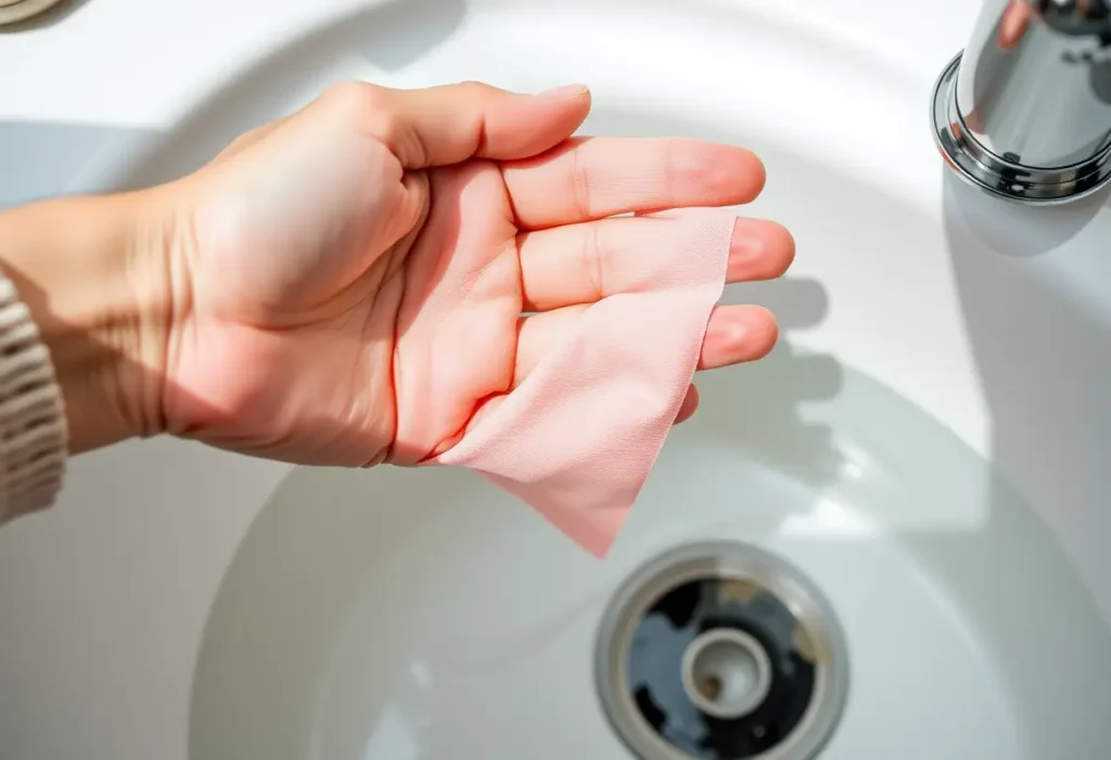 Une main étirant délicatement un élastique au-dessus d'un lavabo rempli d'eau tiède
