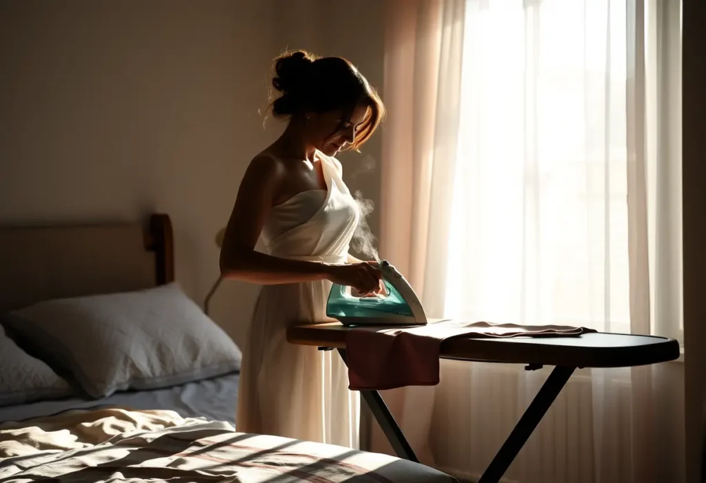 Femme qui repasse le tissu de son soutien-gorge