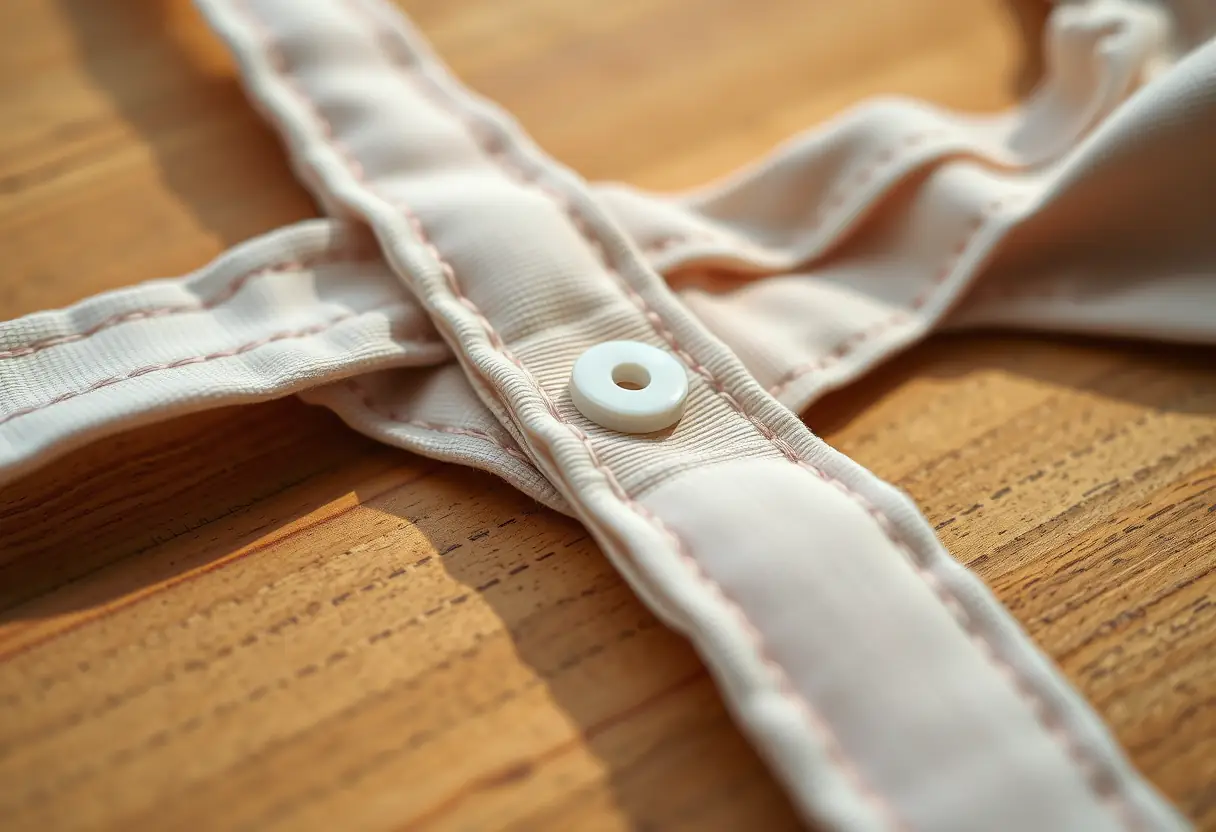 Fermeture élastiquée d'un soutien-gorge sur une table en bois, lumière naturelle mettant en valeur la texture du tissu