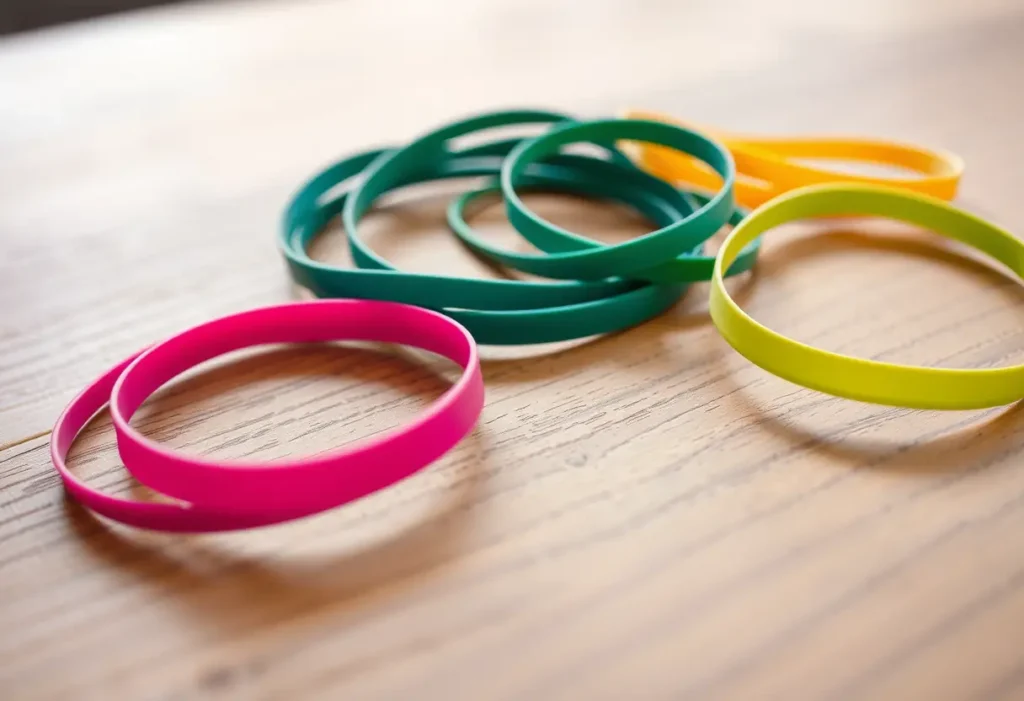 Ceinture élastique en diverses tailles et couleurs posée sur une table en bois