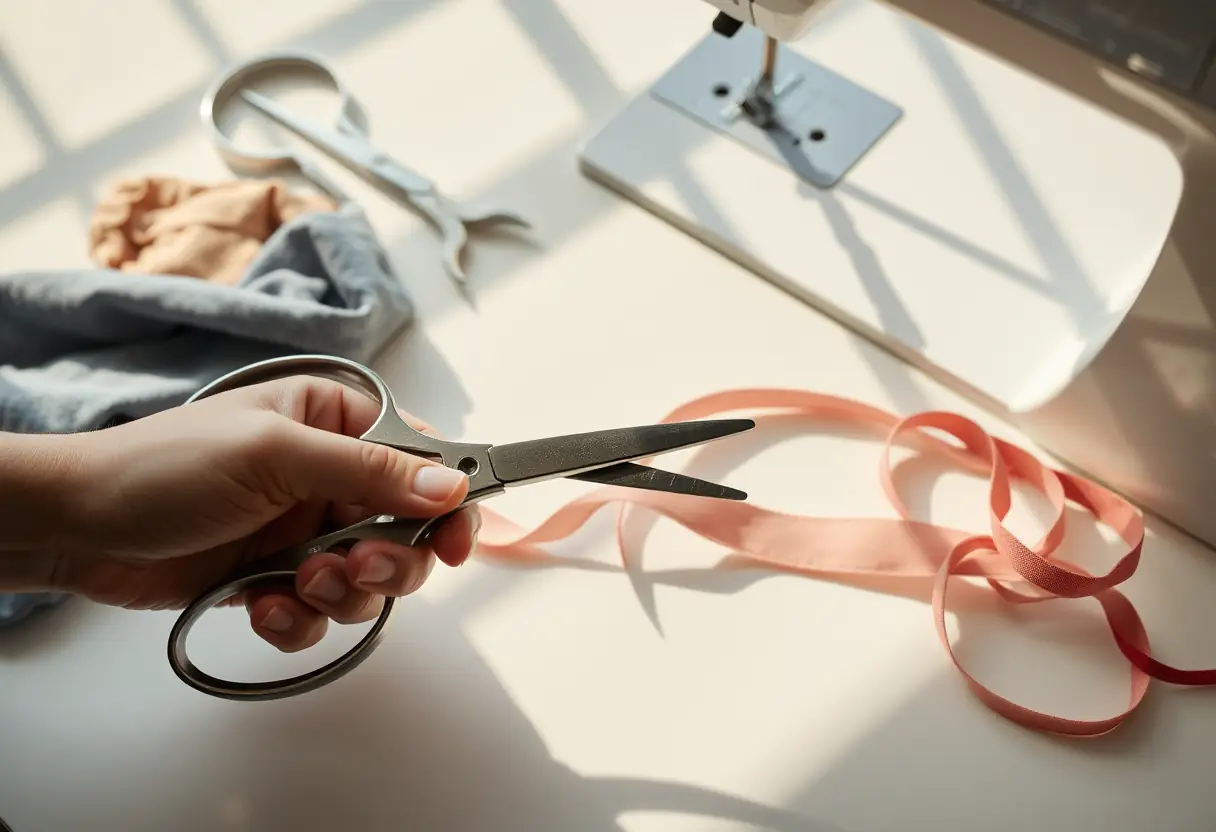 Ciseaux coupant une bande élastique, déchets de tissu sur un bureau de couture