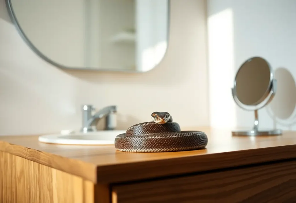 Un ruban métrique posé sur une commode, près d’un miroir, dans une salle de bain bien éclairée