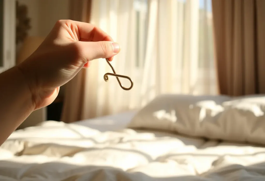 Une main tenant délicatement un anneau métallique d'un soutien-gorge, mettant en évidence l'importance de choisir un bon système de fermeture pour le confort.