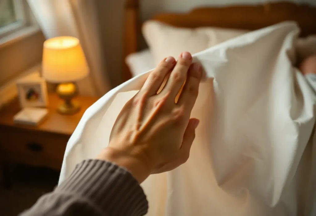 Main sur un tissu de coton dans une chambre
