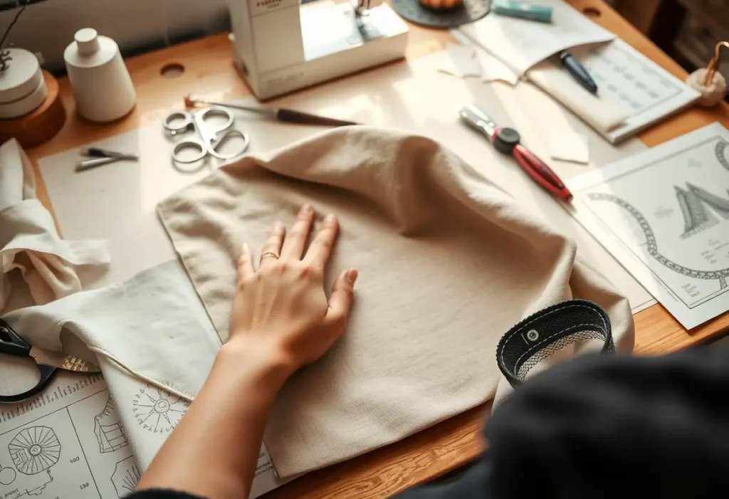 Une main féminine ajuste délicatement un tissu dans un atelier de couture dédié aux soutiens-gorge.