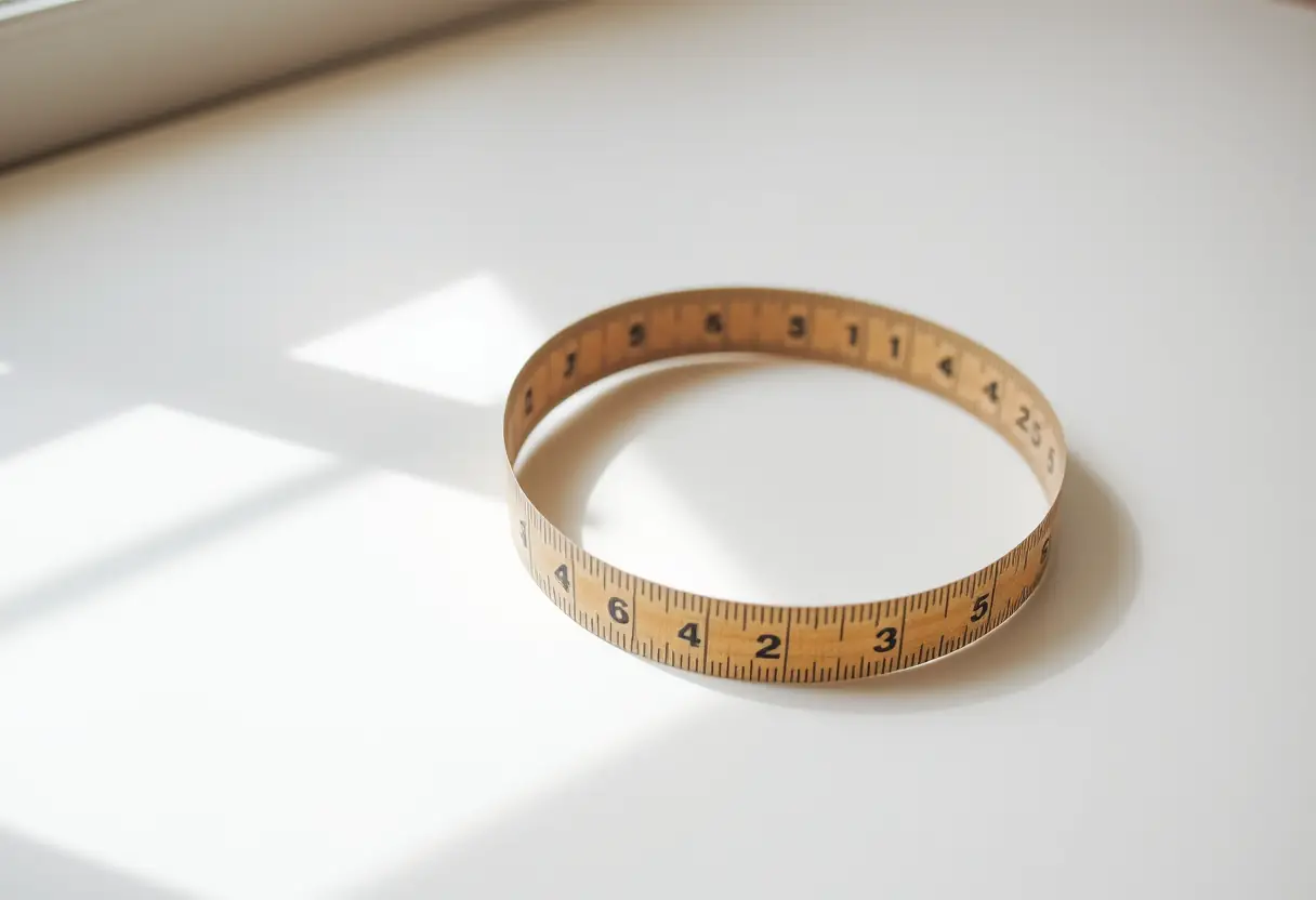 Un mètre ruban posé sur une table, symbolisant la mesure de sa taille pour un soutien-gorge approprié.