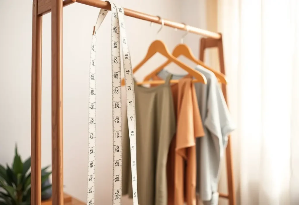 Une règle à mesurer en tissu pendue à une penderie dans une chambre, outil pour mieux connaître sa taille de soutien-gorge