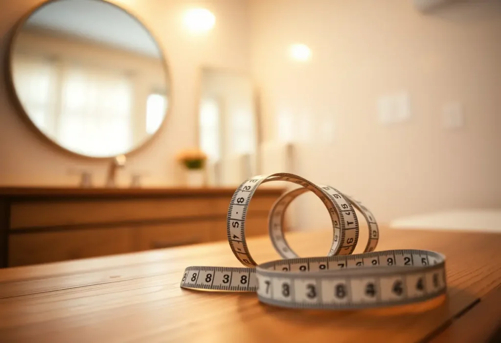 Un ruban métrique souple posé près d’un miroir dans une salle de bains bien éclairée