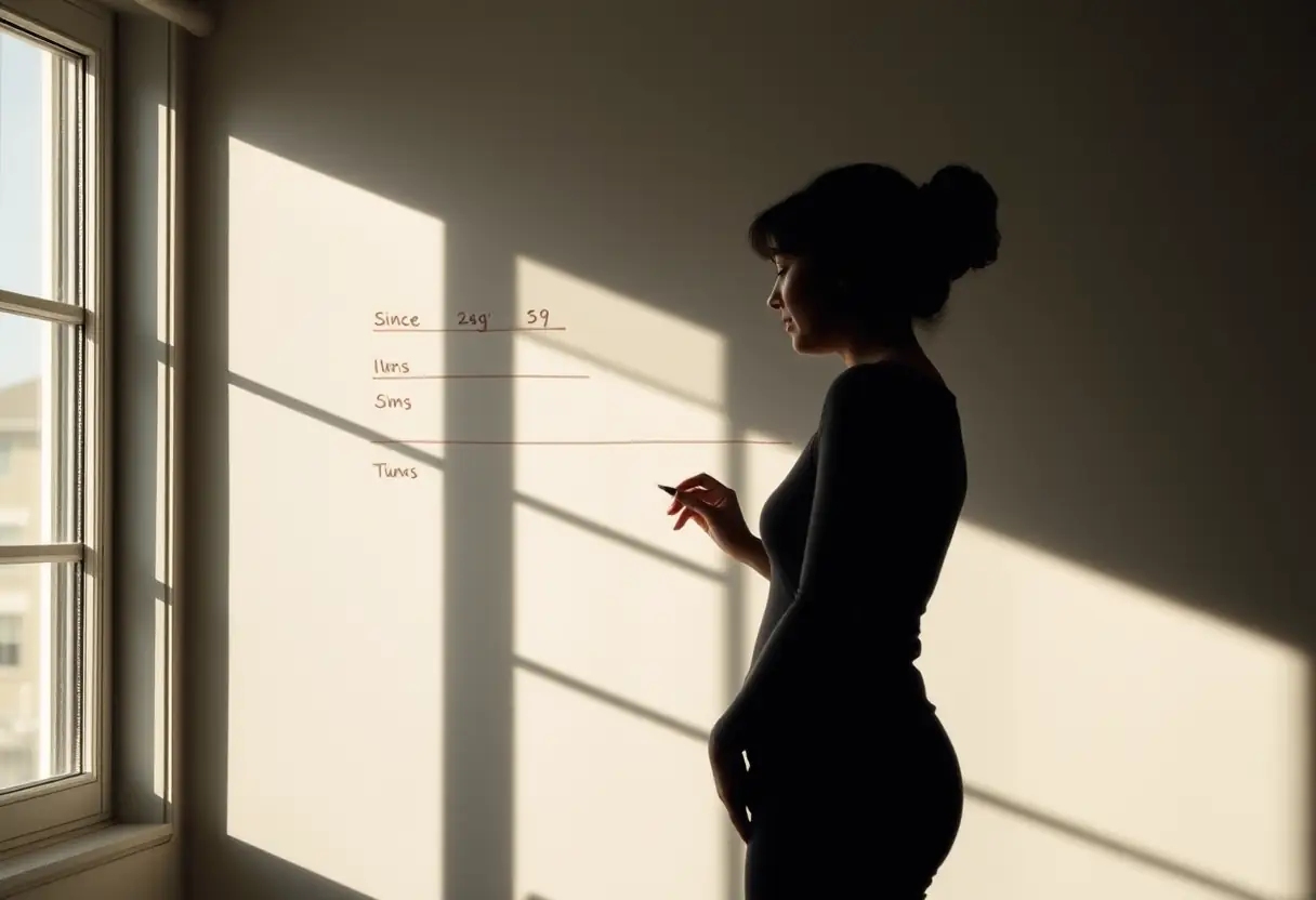Une silhouette de femme devant une fenêtre où elle a tracé des lignes pour ses mesures