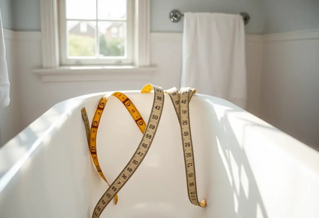 Ruban à mesurer posé sur la baignoire d'une salle de bains lumineuse